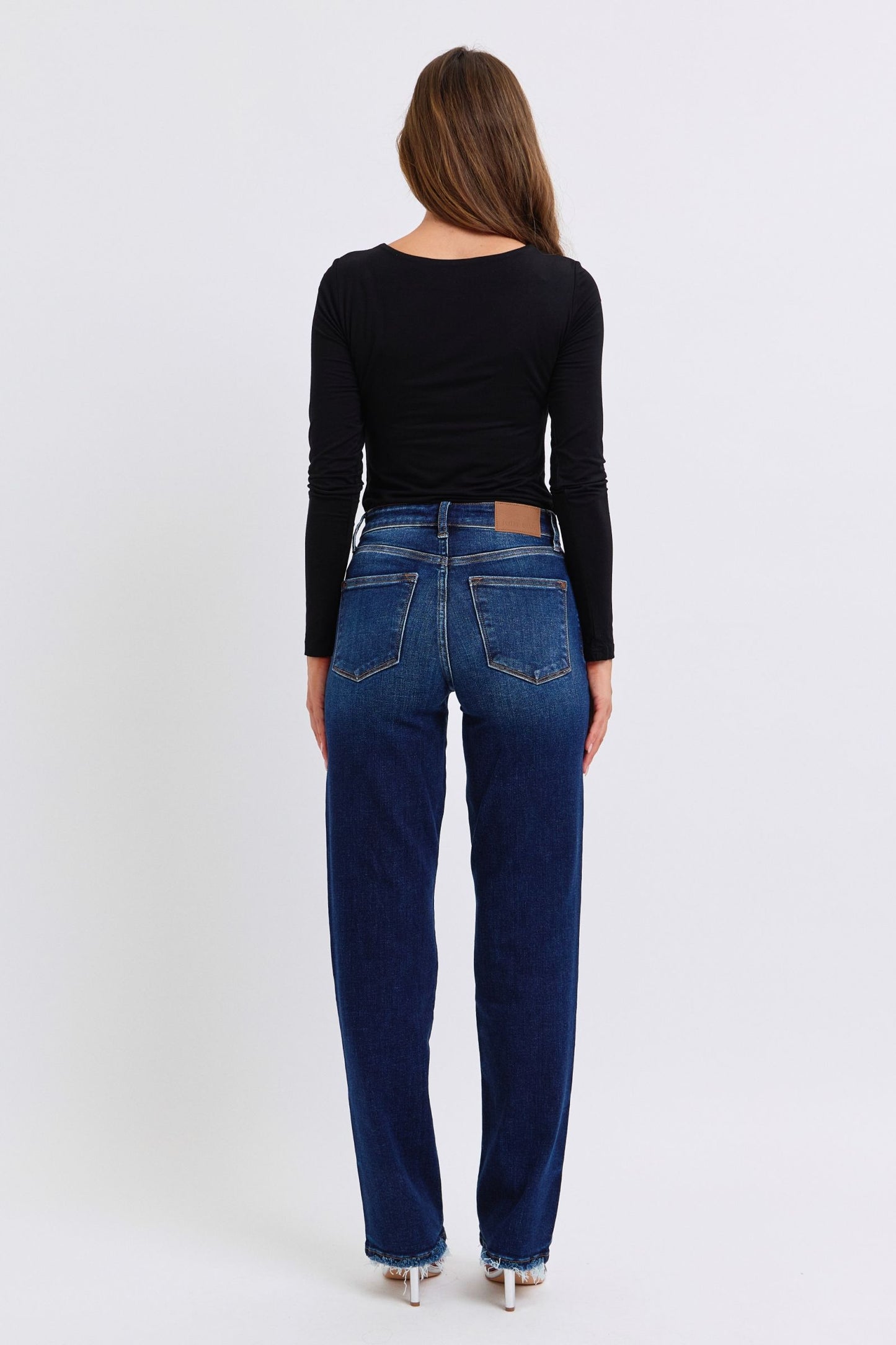 Judy Blue Midnight Horizon Mid Rise Straight Leg Fray Hem Denim Jeans