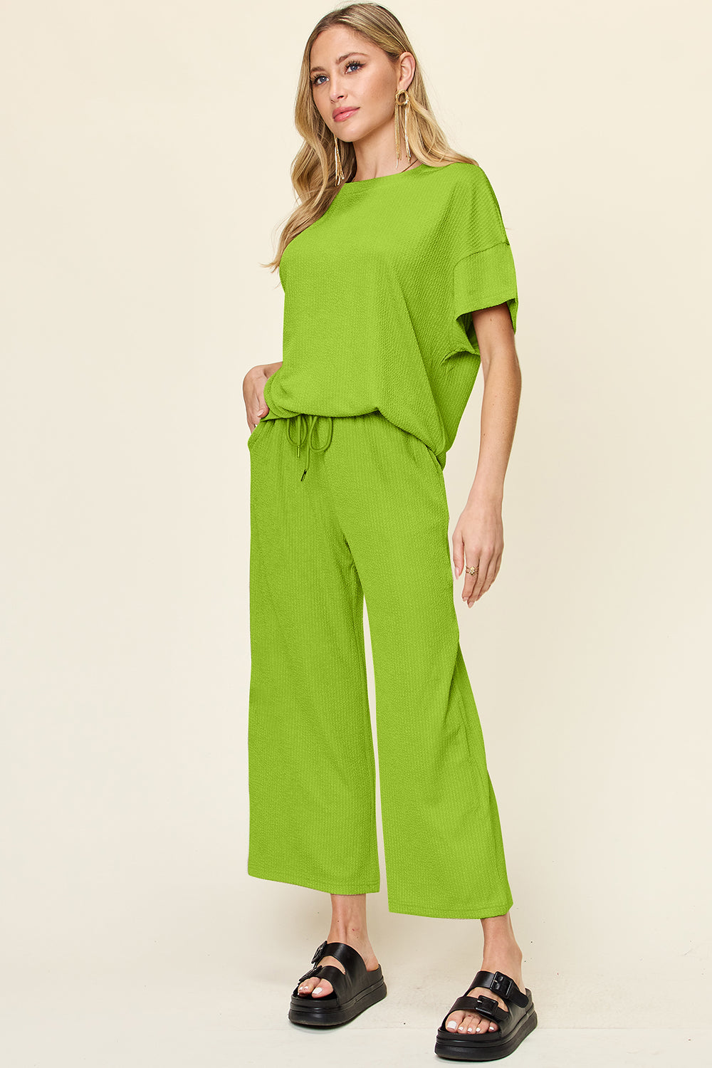 Ribbed Short Sleeve Shirt and Wide Leg Pants Set in in 6 Colors