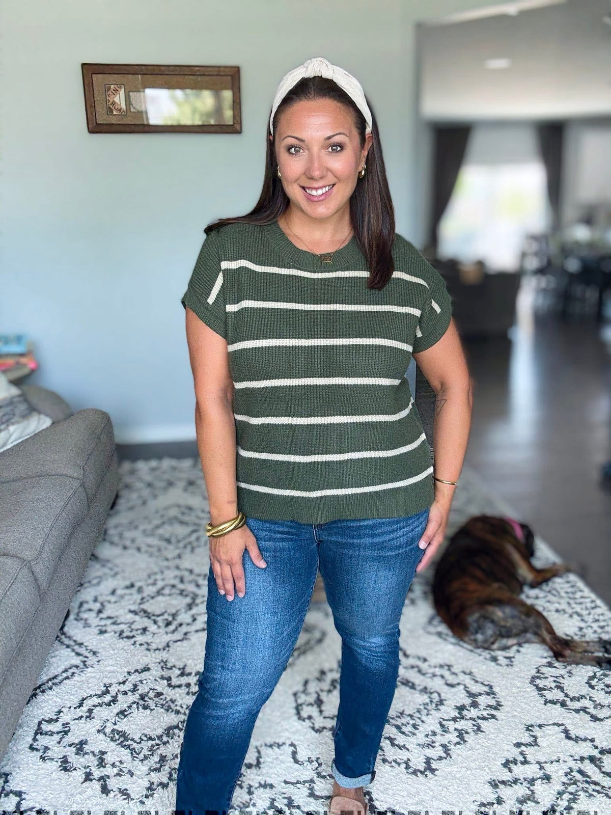 Michelle Mae Striped Sweater Top - Olive and Tan