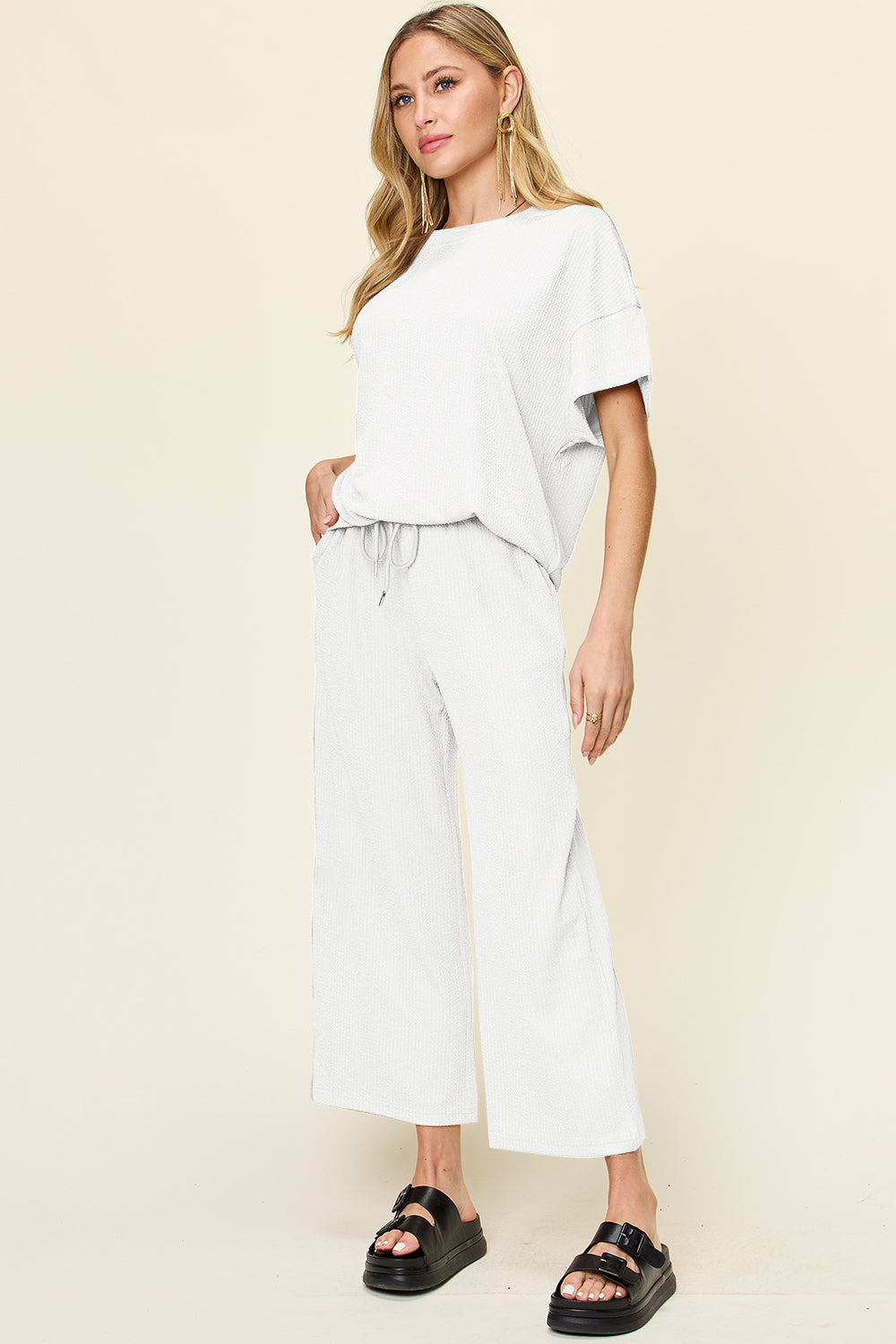 Ribbed Short Sleeve Shirt and Wide Leg Pants Set in in 6 Colors