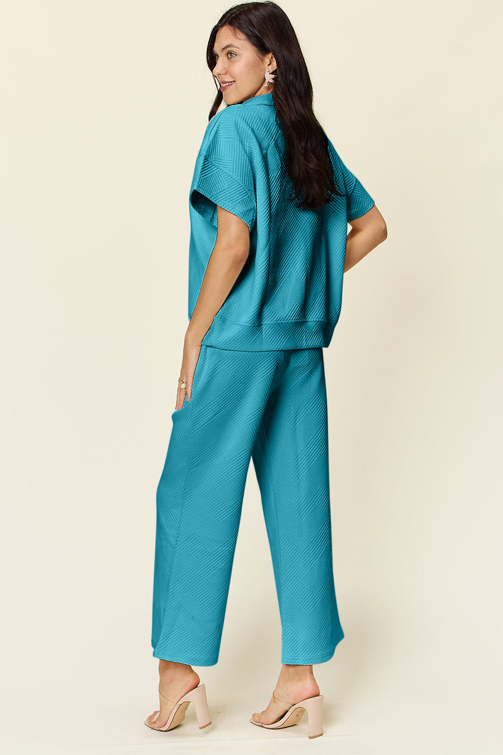 Textured Half Zip Short Sleeve Top and Wide Leg Crop Pants Set in 8 Colors