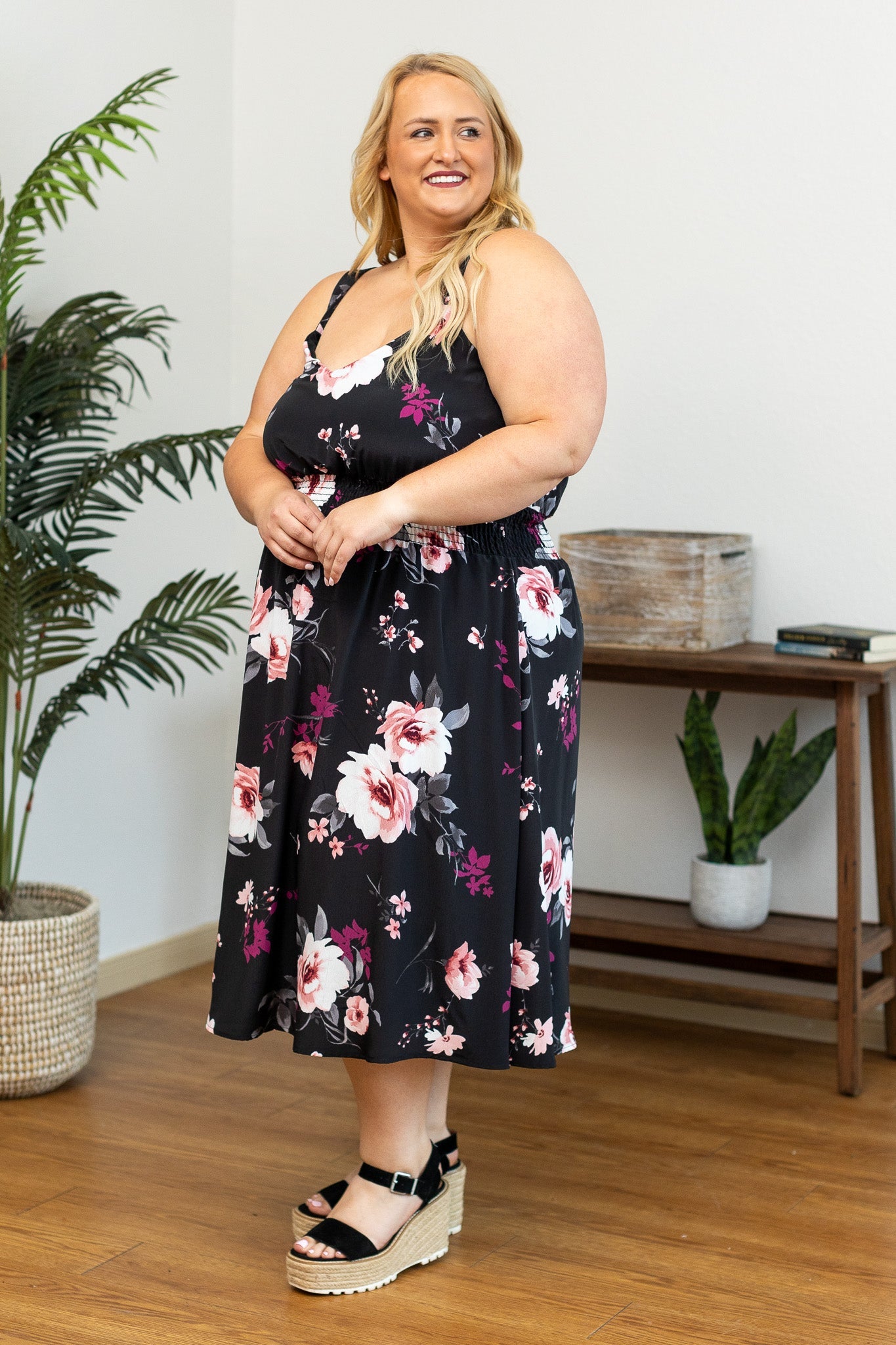 IN STOCK Cassidy Midi Dress - Black and Rose Floral