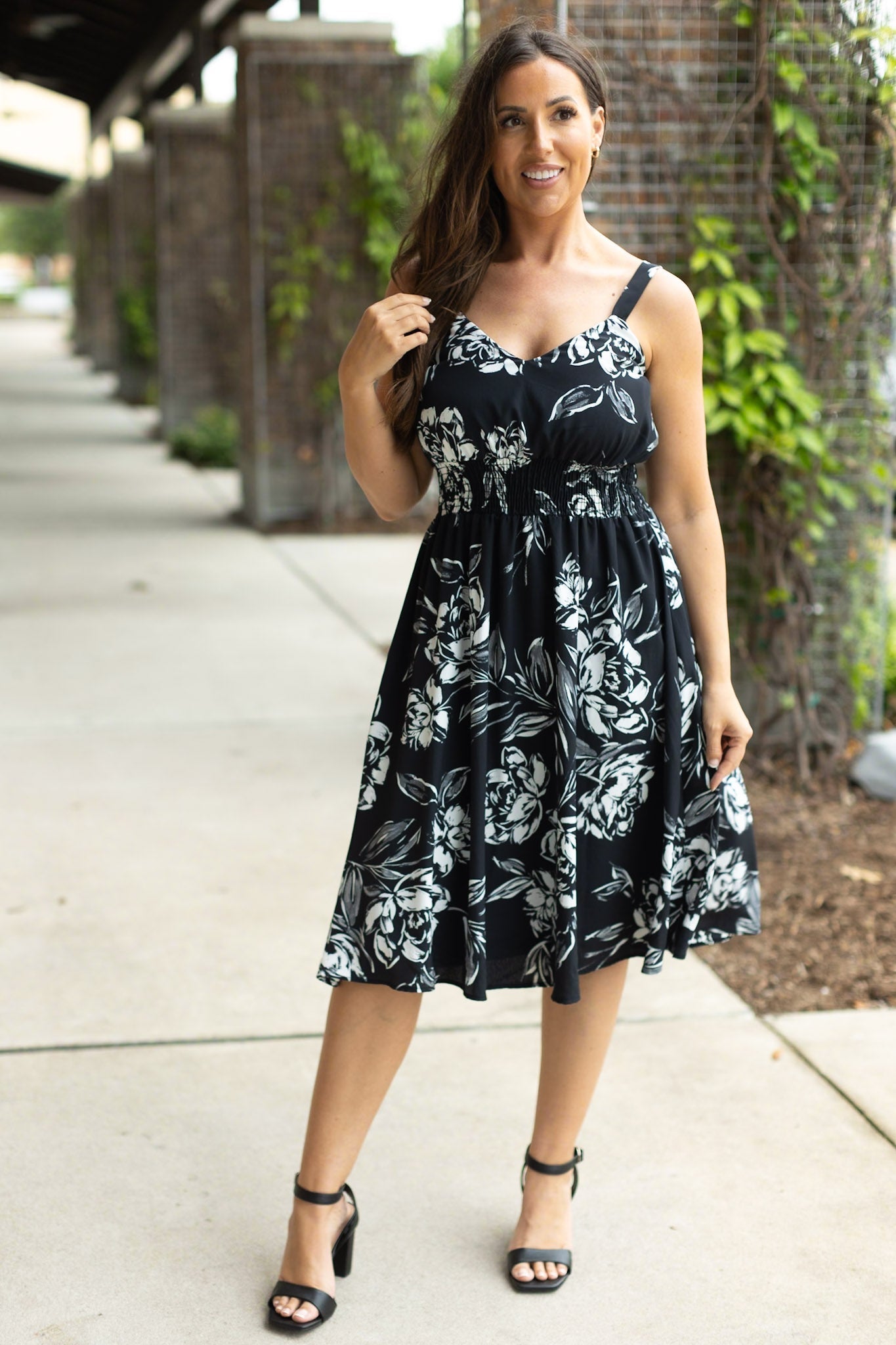 IN STOCK Cassidy Midi Dress - Black and White Floral