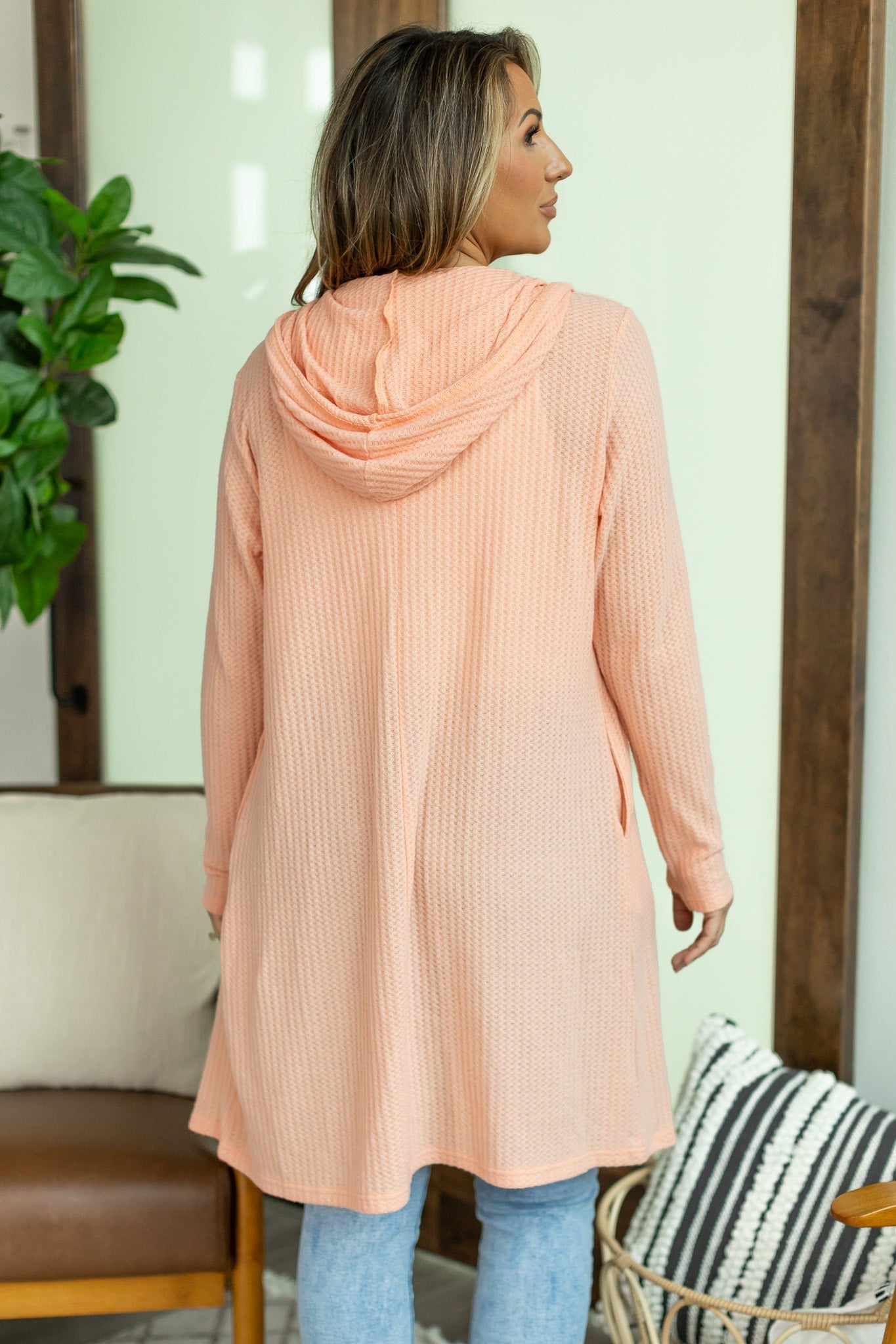 IN STOCK Claire Hooded Waffle Cardigan - Light Peachy Coral