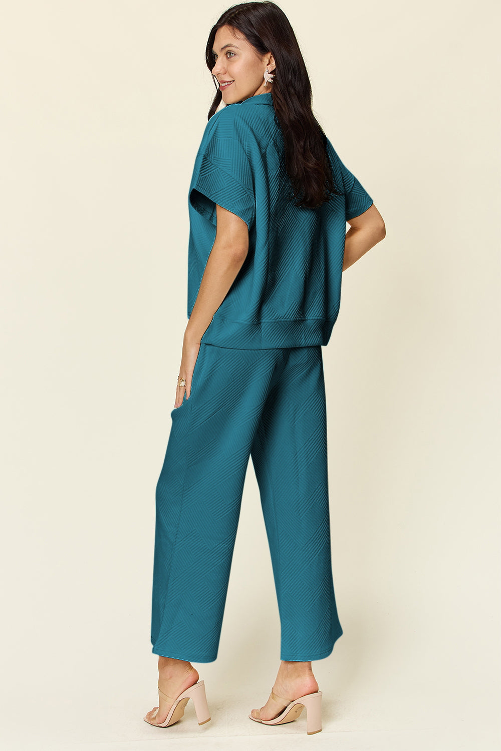 Textured Quarter Zip Short Sleeve Top and Cropped Pants Set in 6 Colors