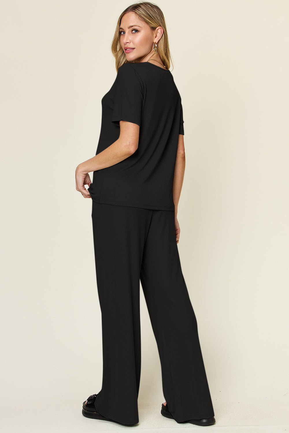 Slinky Short Sleeve Shirt and Wide Leg Pants Set in 4 Colors