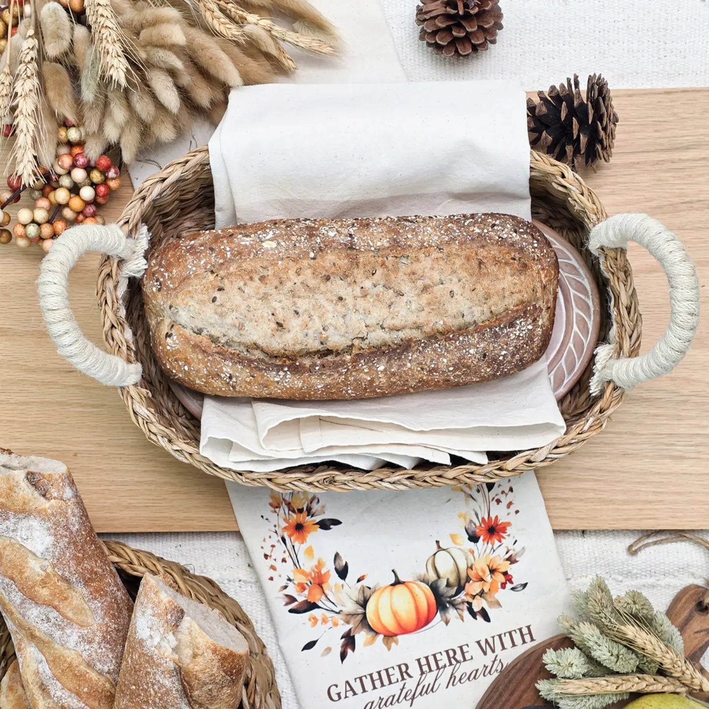 Handmade Bread Warmer & Wicker Basket - "Gather" Oval