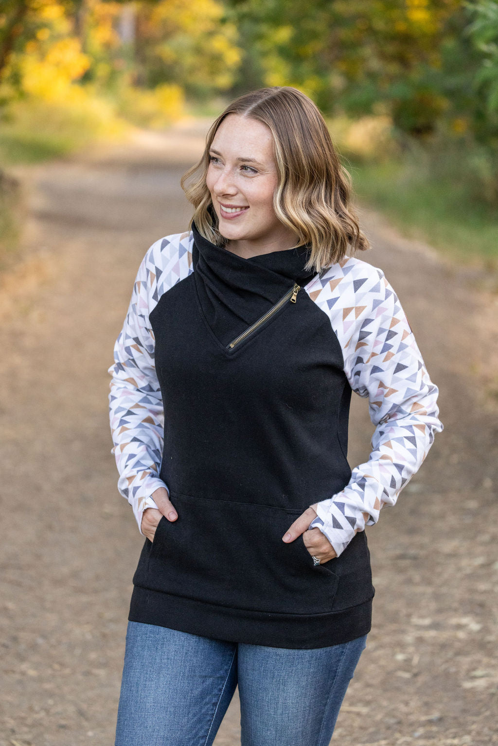 IN STOCK Zoey ZipCowl - Black and Geometric