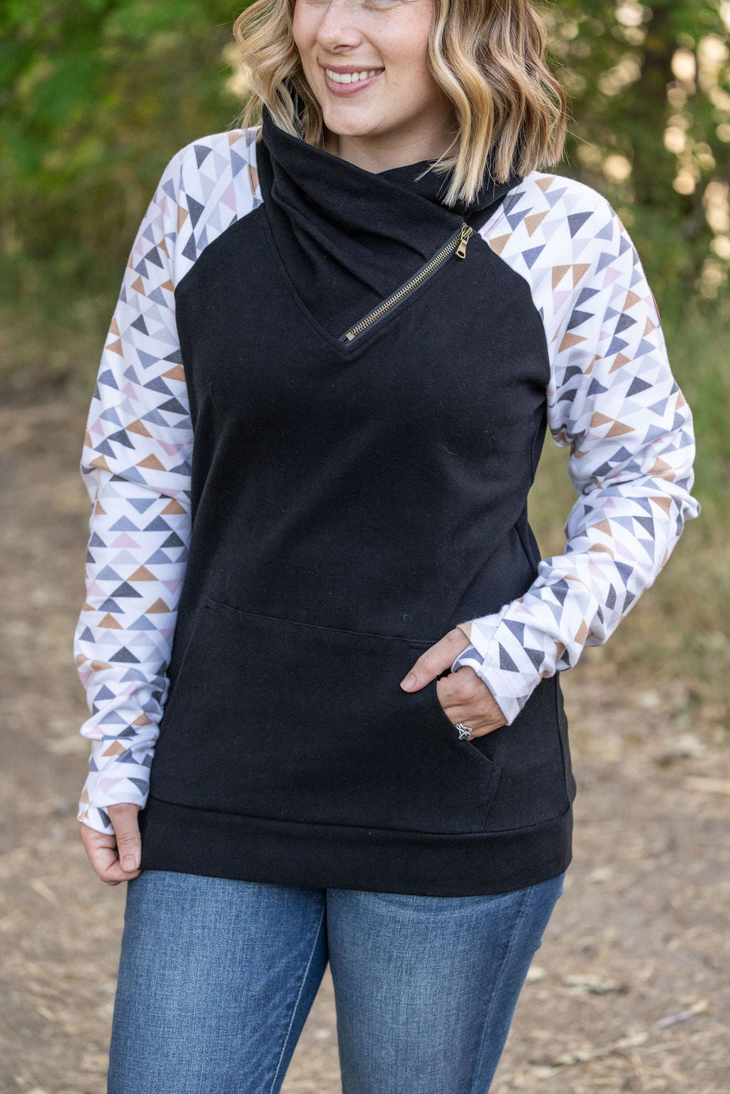 IN STOCK Zoey ZipCowl - Black and Geometric