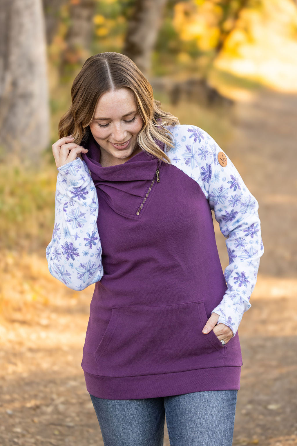 Classic Zoey ZipCowl Sweatshirt - Plum and Snowflakes