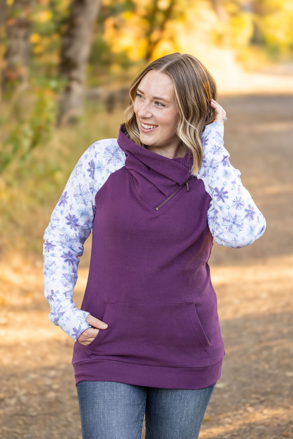 Classic Zoey ZipCowl Sweatshirt - Plum and Snowflakes