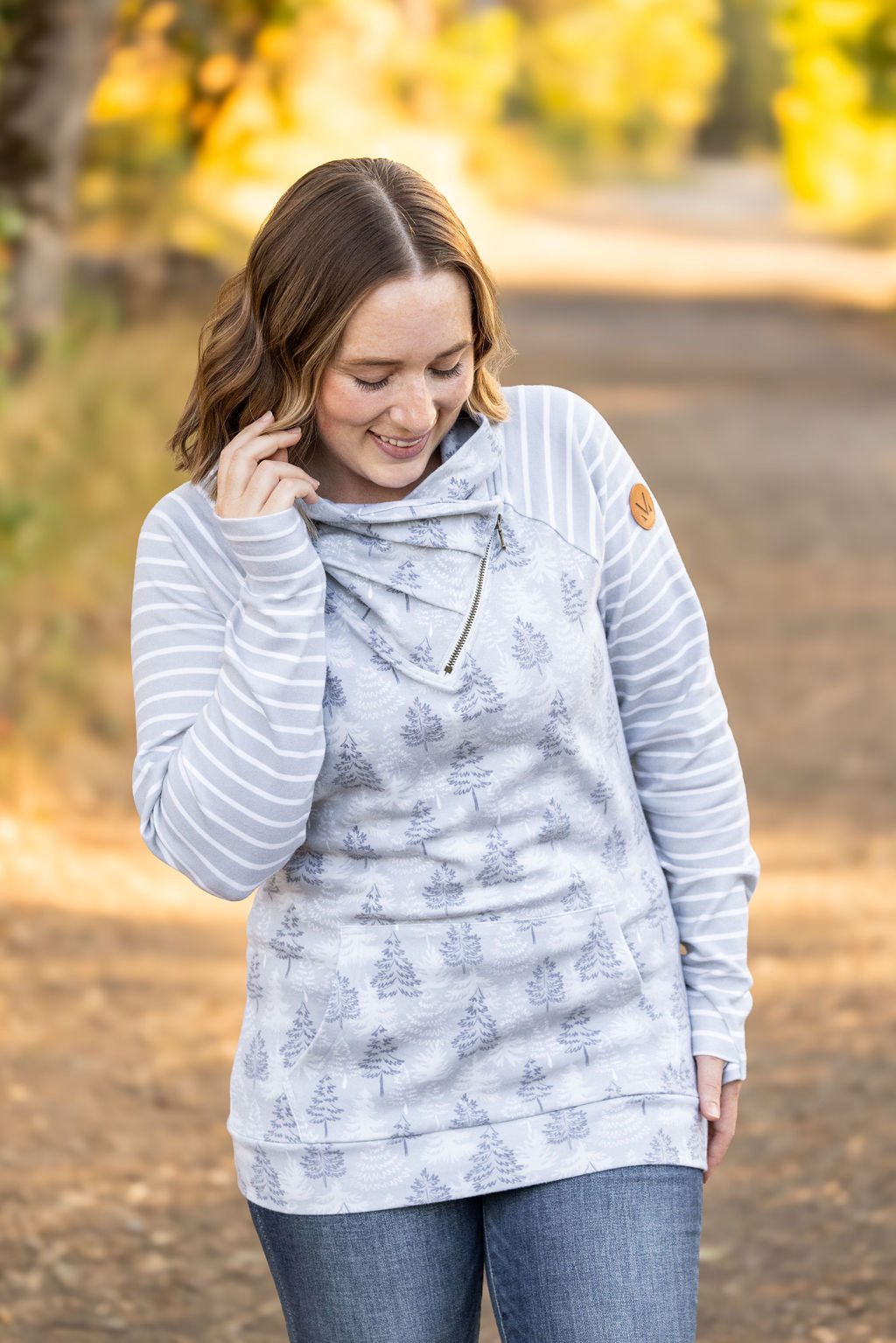 IN STOCK Classic Zoey ZipCowl Sweatshirt - Grey Trees and Stripes