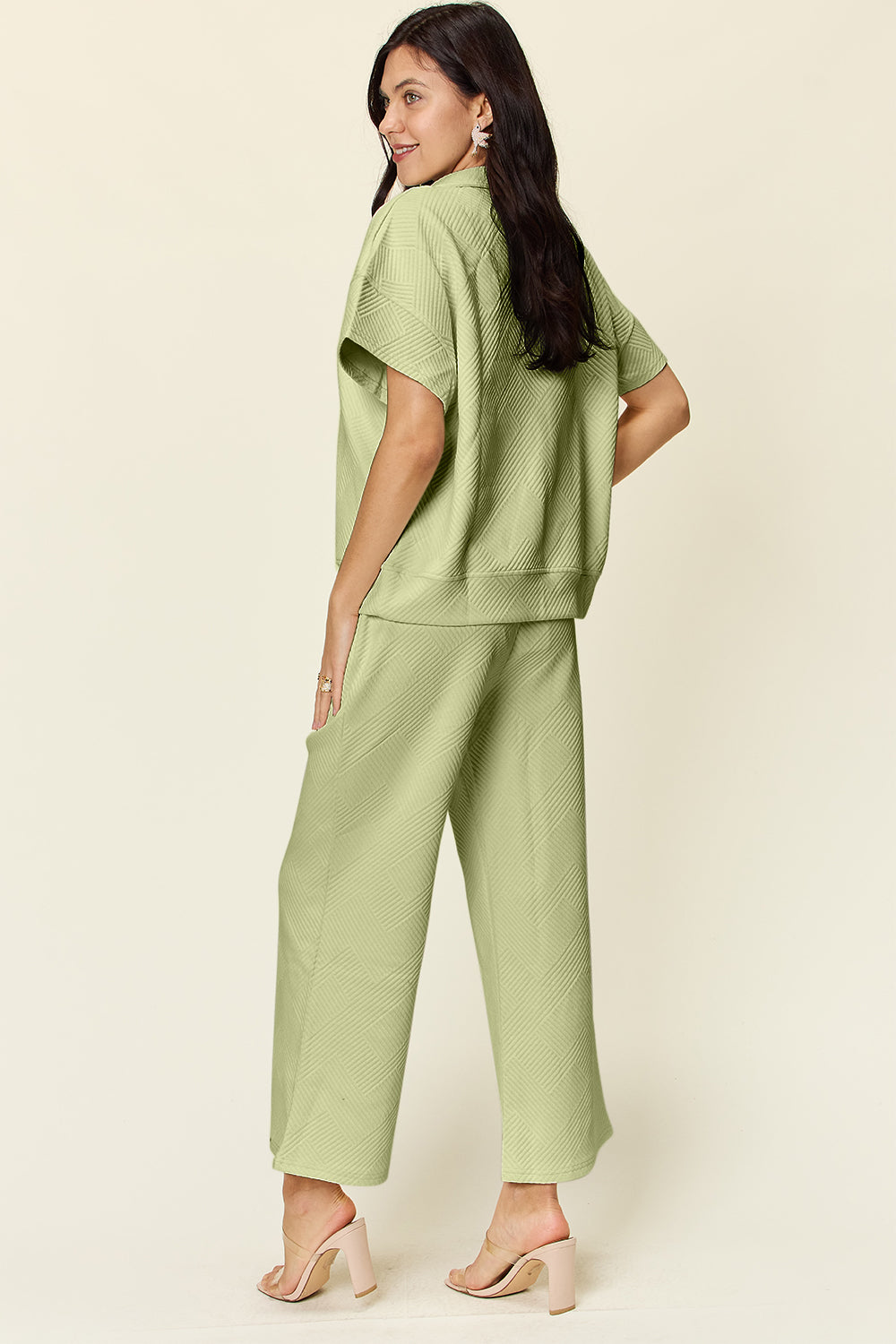 Textured Quarter Zip Short Sleeve Top and Cropped Pants Set in 6 Colors