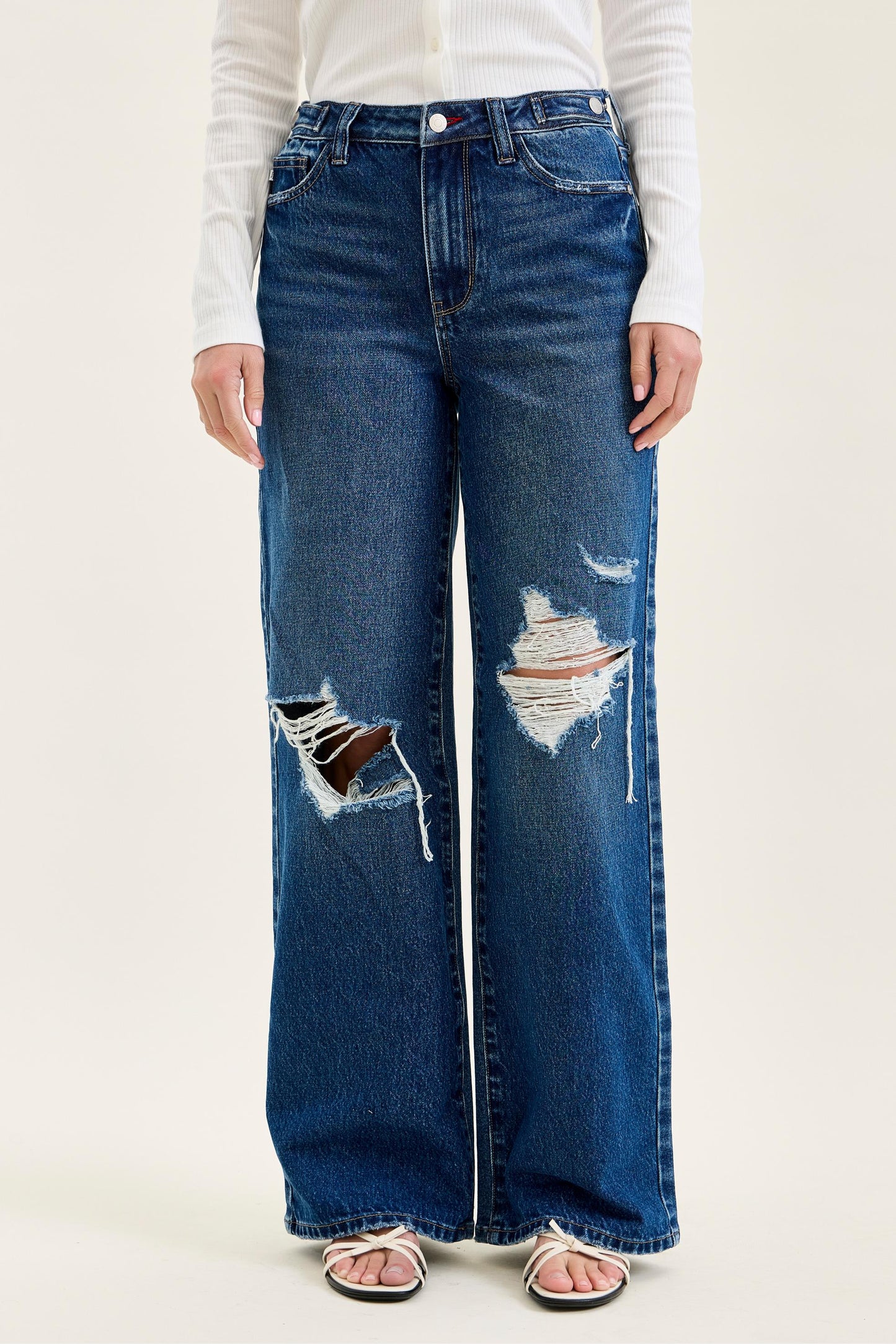 Roseanne High Waist Rigid Magic Destructed Straight Jeans with Adjustable Waist Tabs