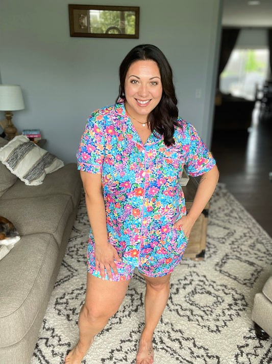 Button Front Pajama Shorts Set in Bright Blue Floral