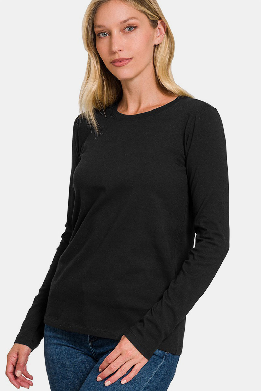 Zenana Full Size Solid Color Round Neck Long Sleeve T-Shirt in Black