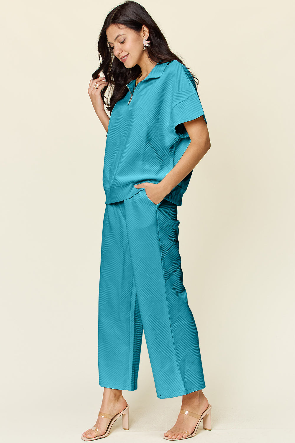 Textured Half Zip Short Sleeve Top and Wide Leg Crop Pants Set in 8 Colors