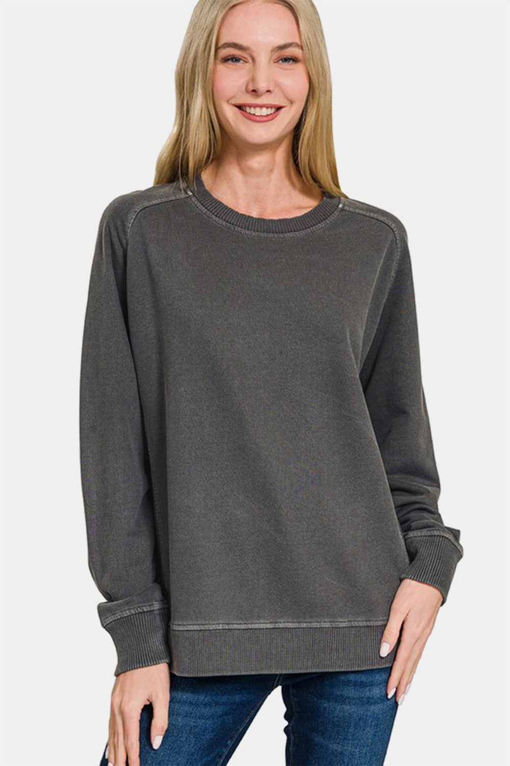 Zenana Full Size Pigment Dyed French Terry Sweatshirt in Ash Black