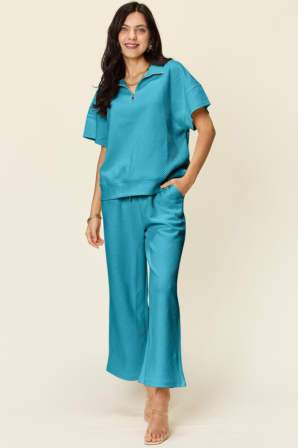 Textured Half Zip Short Sleeve Top and Wide Leg Crop Pants Set in 8 Colors