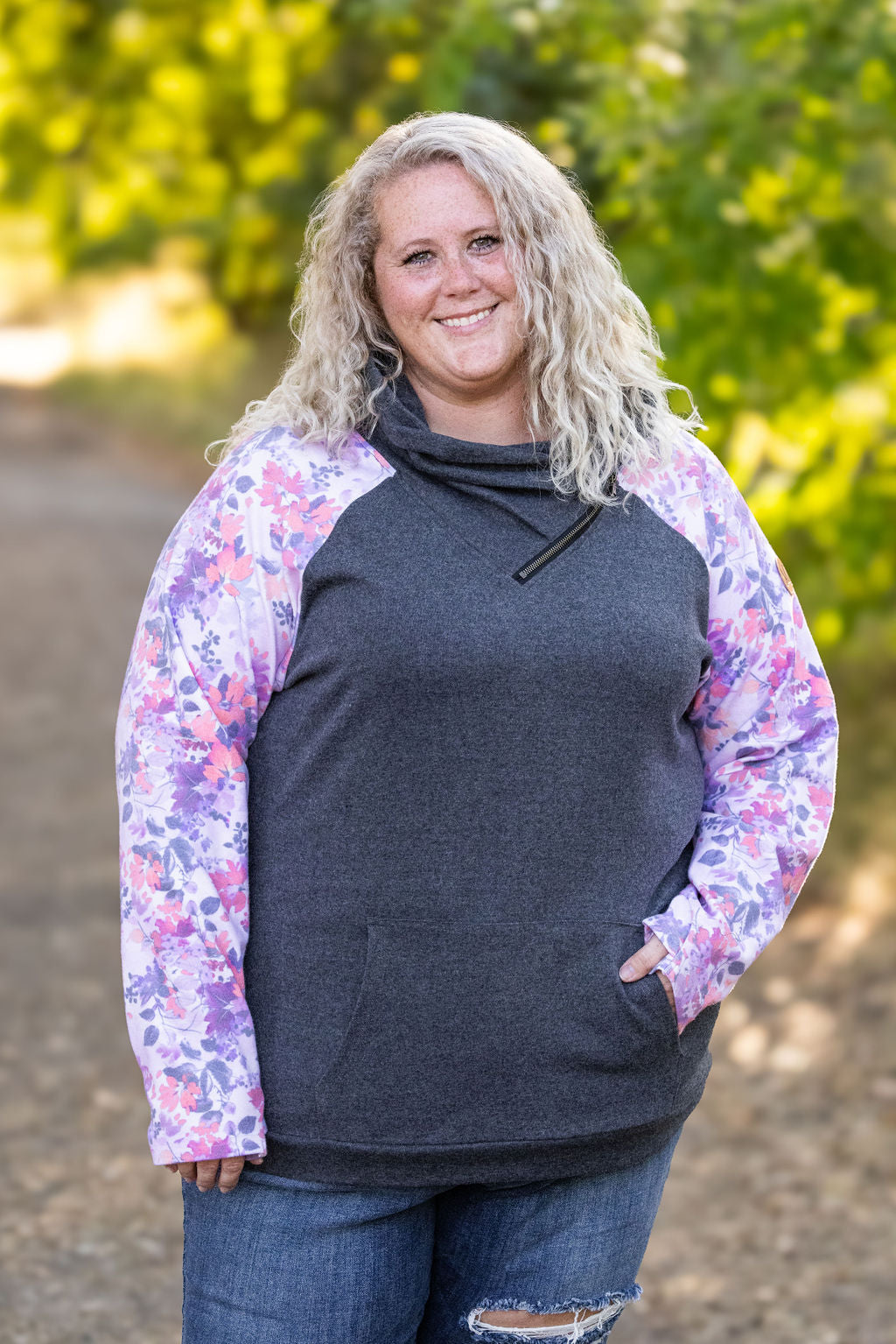 IN STOCK Zoey ZipCowl - Charcoal and Fall Floral Leaves