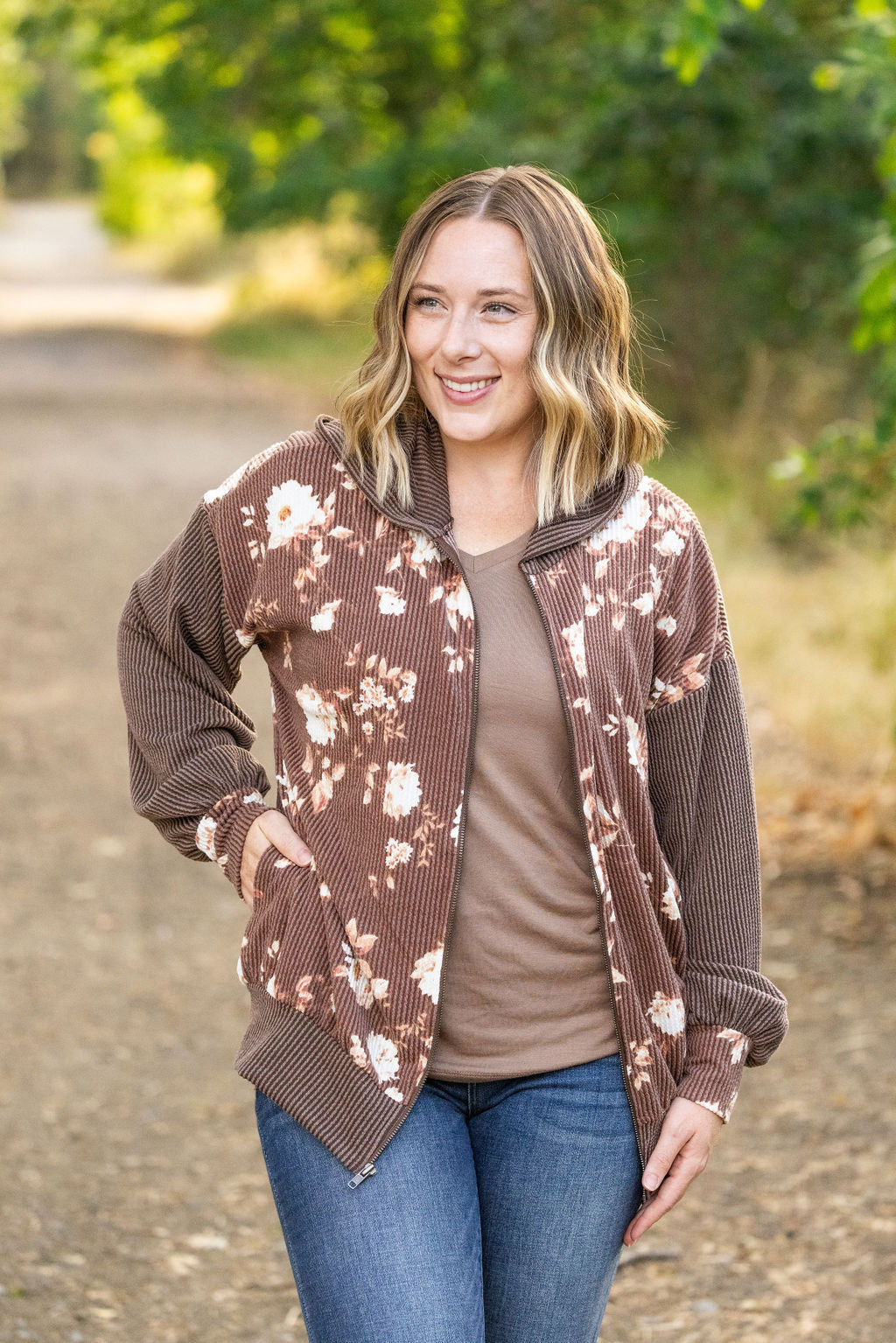 IN STOCK Ramona Ribbed Floral Zip Up - Brown