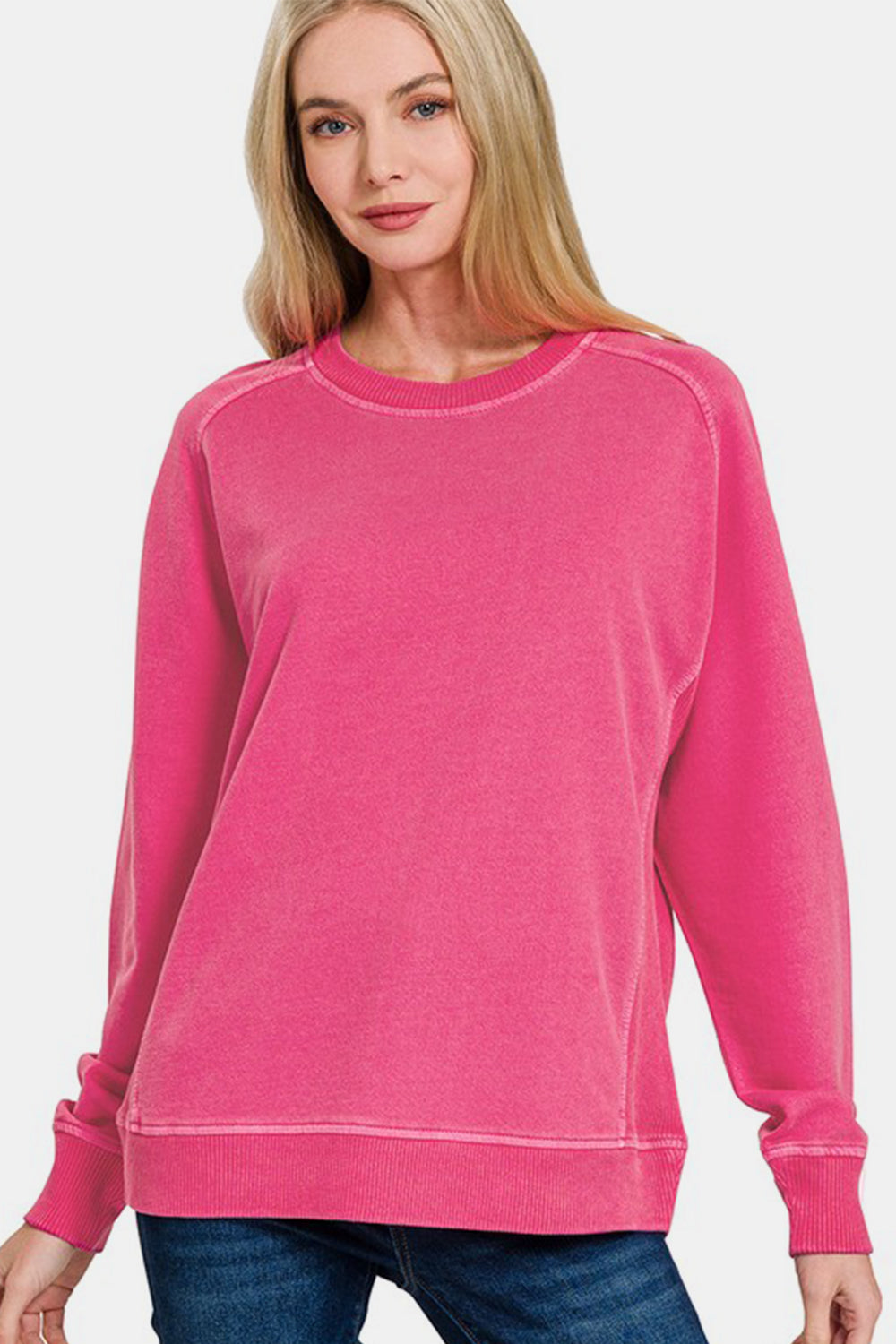 Zenana Full Size Pigment Dyed French Terry Sweatshirt in Hot Pink