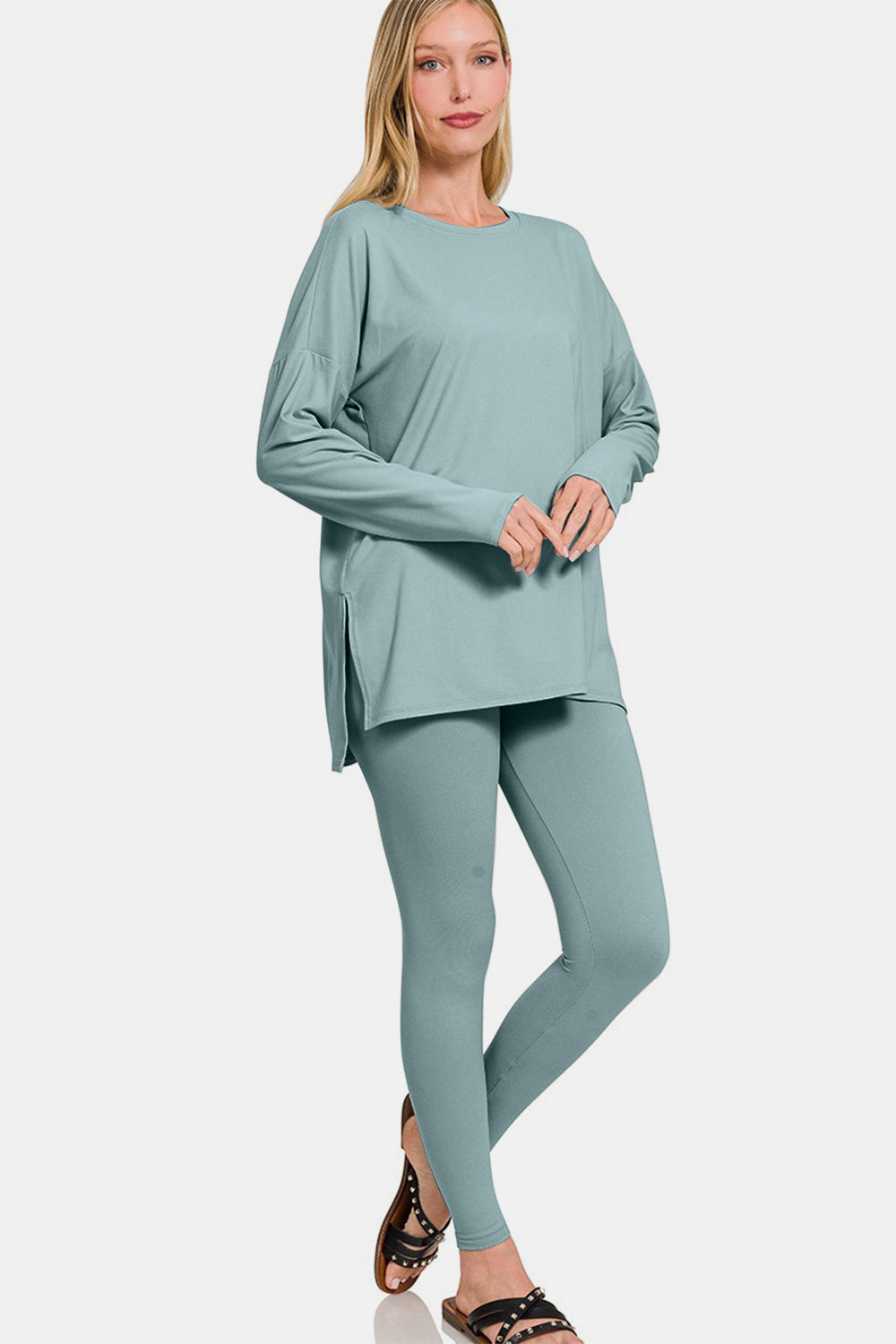 Zenana Ready to Relax Brushed Microfiber Top and Leggings Lounge Set in Blue Grey