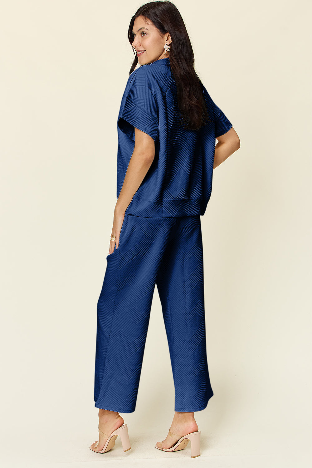 Textured Half Zip Short Sleeve Top and Wide Leg Crop Pants Set in 8 Colors