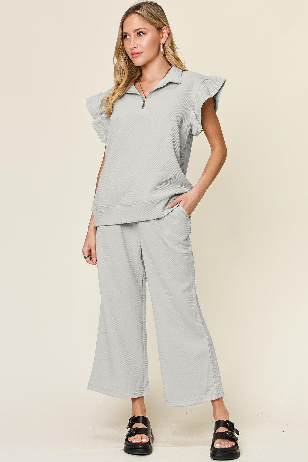 Textured Ruffle Short Sleeve Top and Cropped  Wide Leg Pants Set in 12 Colors