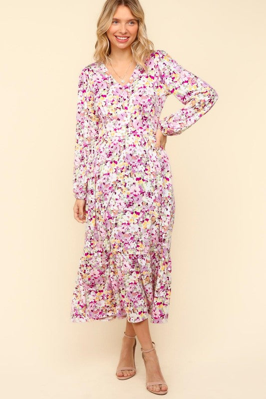 Haptics Lilac Floral V-Neck Long Sleeve Dress with Pockets