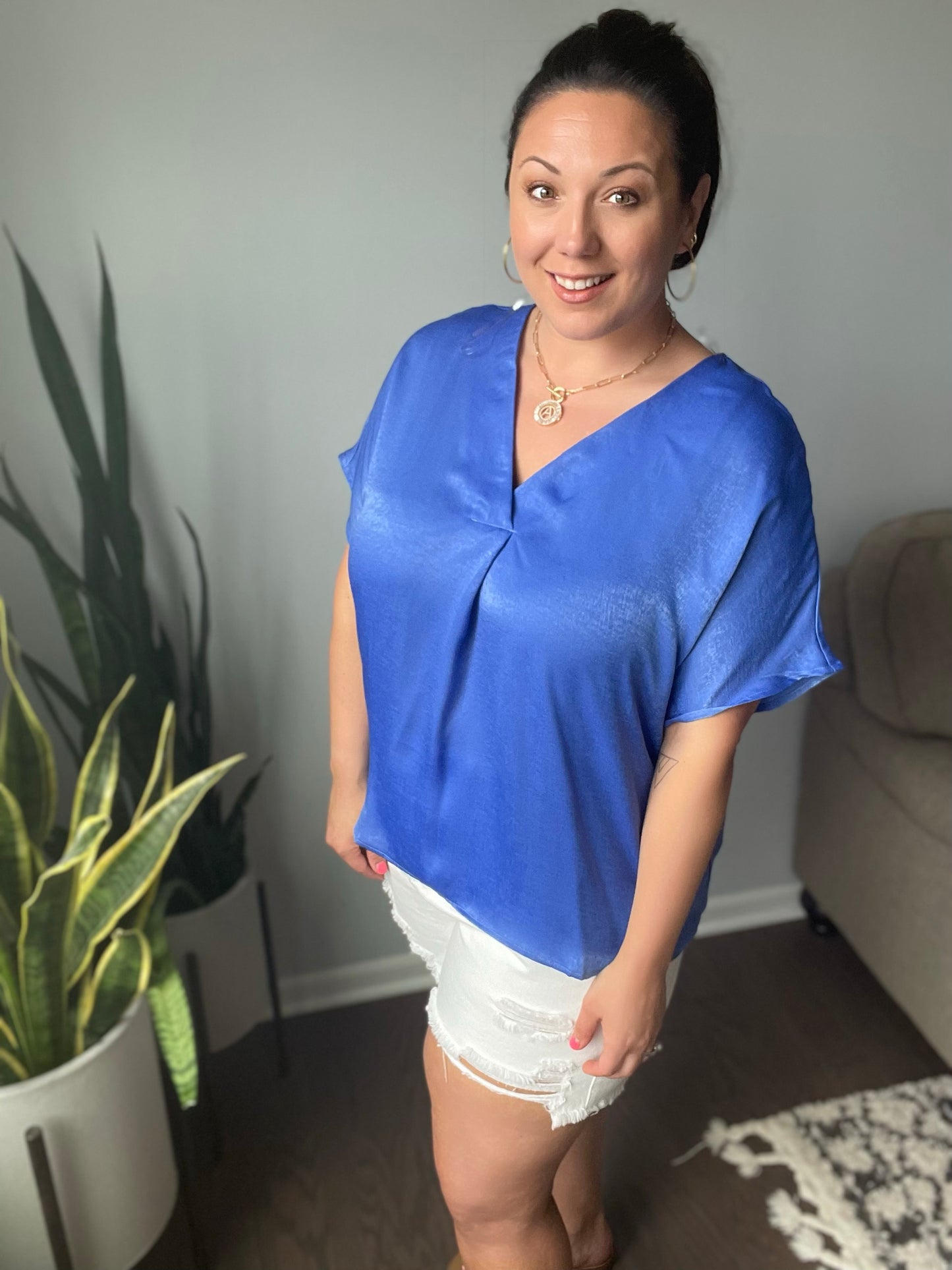 Pleat Front V-Neck Top in Royal Blue