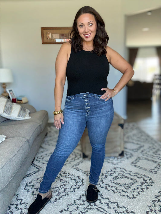 Judy Blue High Rise Button Fly Skinny Jeans in Medium Wash