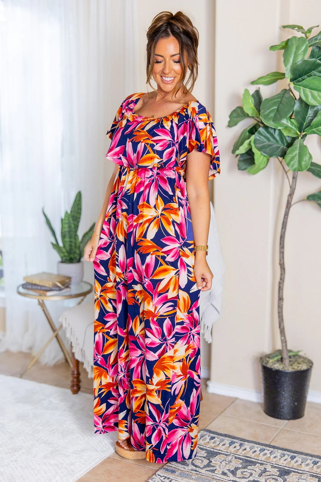 Oakley Off The Shoulder Maxi Dress - Navy Tropical