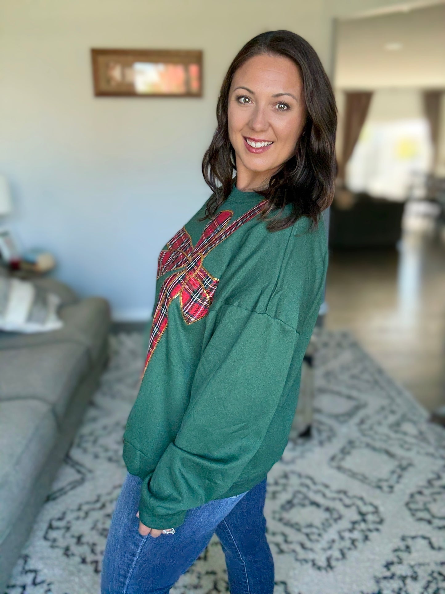 BiBi Sequin Plaid Bowl Christmas Fleece Pullover