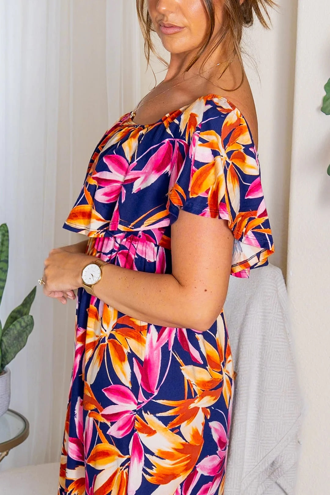 Oakley Off The Shoulder Maxi Dress - Navy Tropical