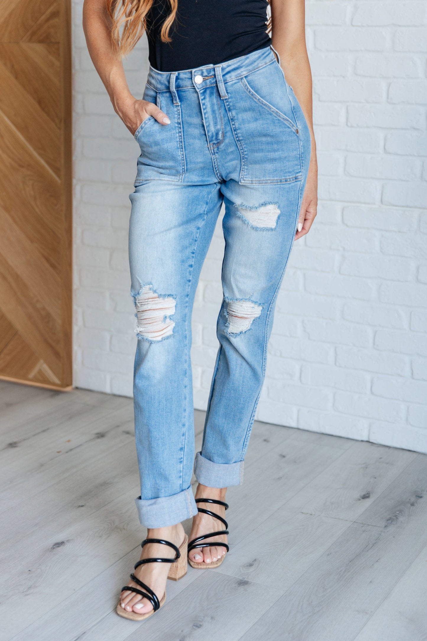 Aiden High Rise Patch Pocket Distressed Boyfriend Jeans (Tall/Long Friendly)