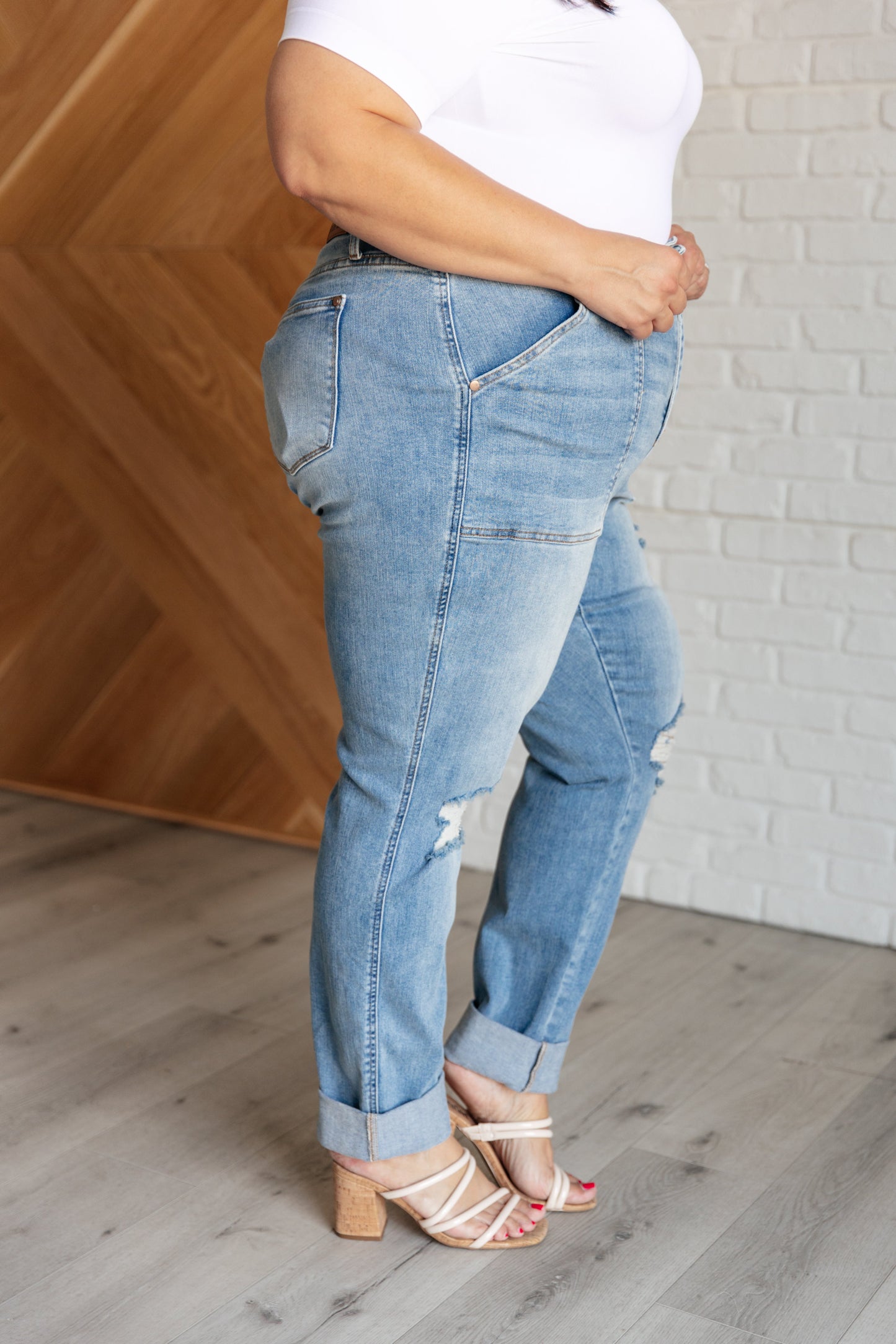 Aiden High Rise Patch Pocket Distressed Boyfriend Jeans (Tall/Long Friendly)