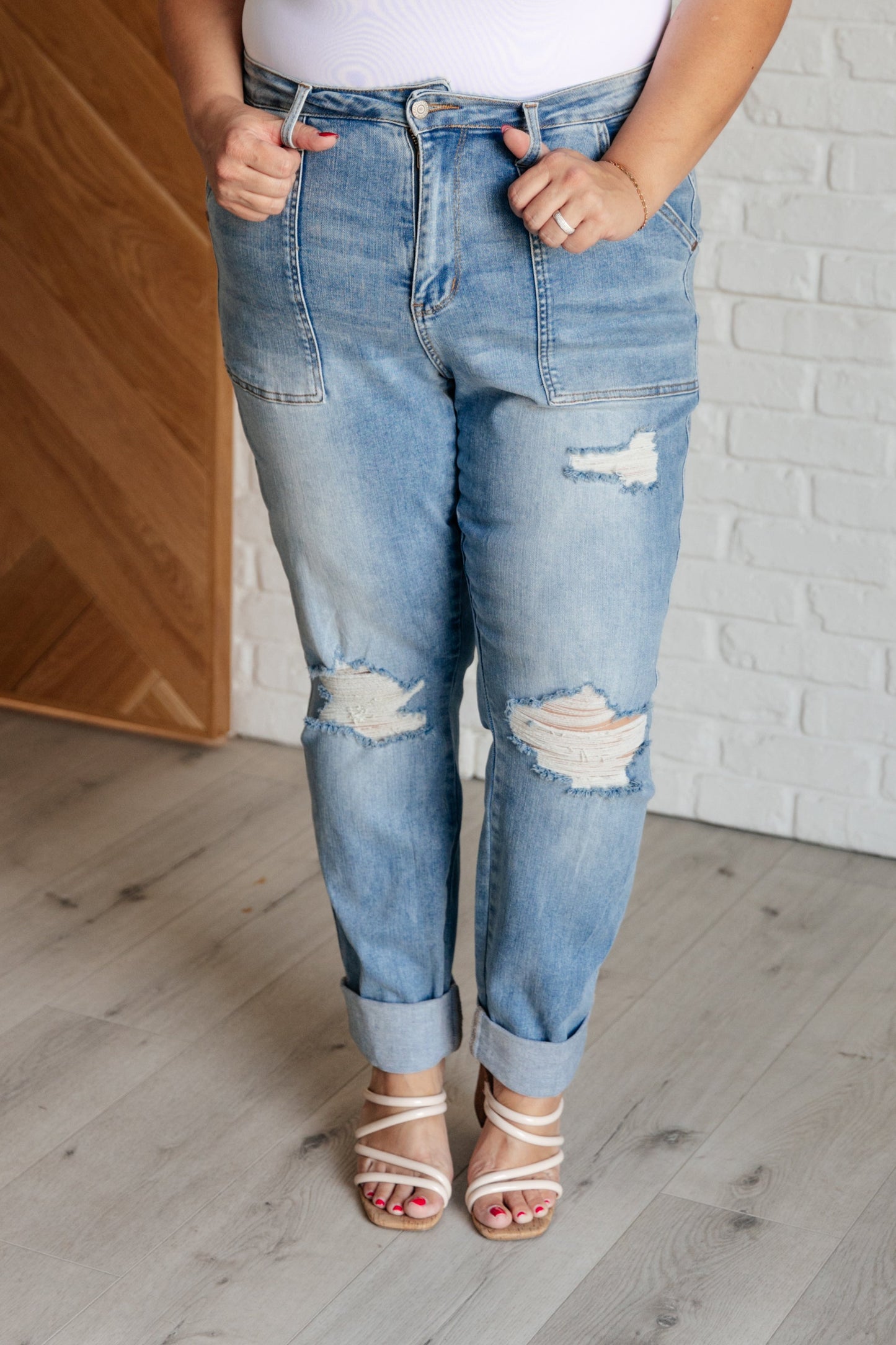 Aiden High Rise Patch Pocket Distressed Boyfriend Jeans (Tall/Long Friendly)