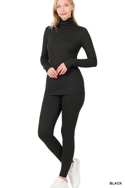 Set Yourself Apart Brushed Mock Neck Top and Leggings Set in Black