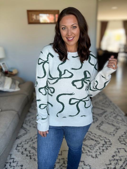 Michelle Mae Ribbons Sweater - Ivory and Hunter Green