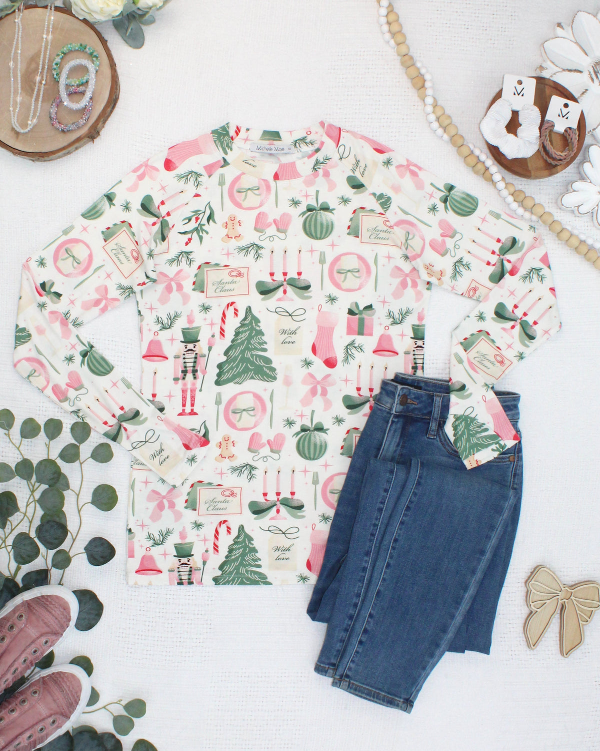 Michelle Mae Blair Long Sleeve Top - Pink Pine Noel
