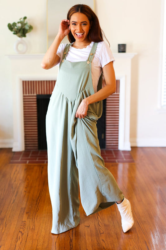 Move On Over Sage Wide Leg Suspender Overall Jumpsuit