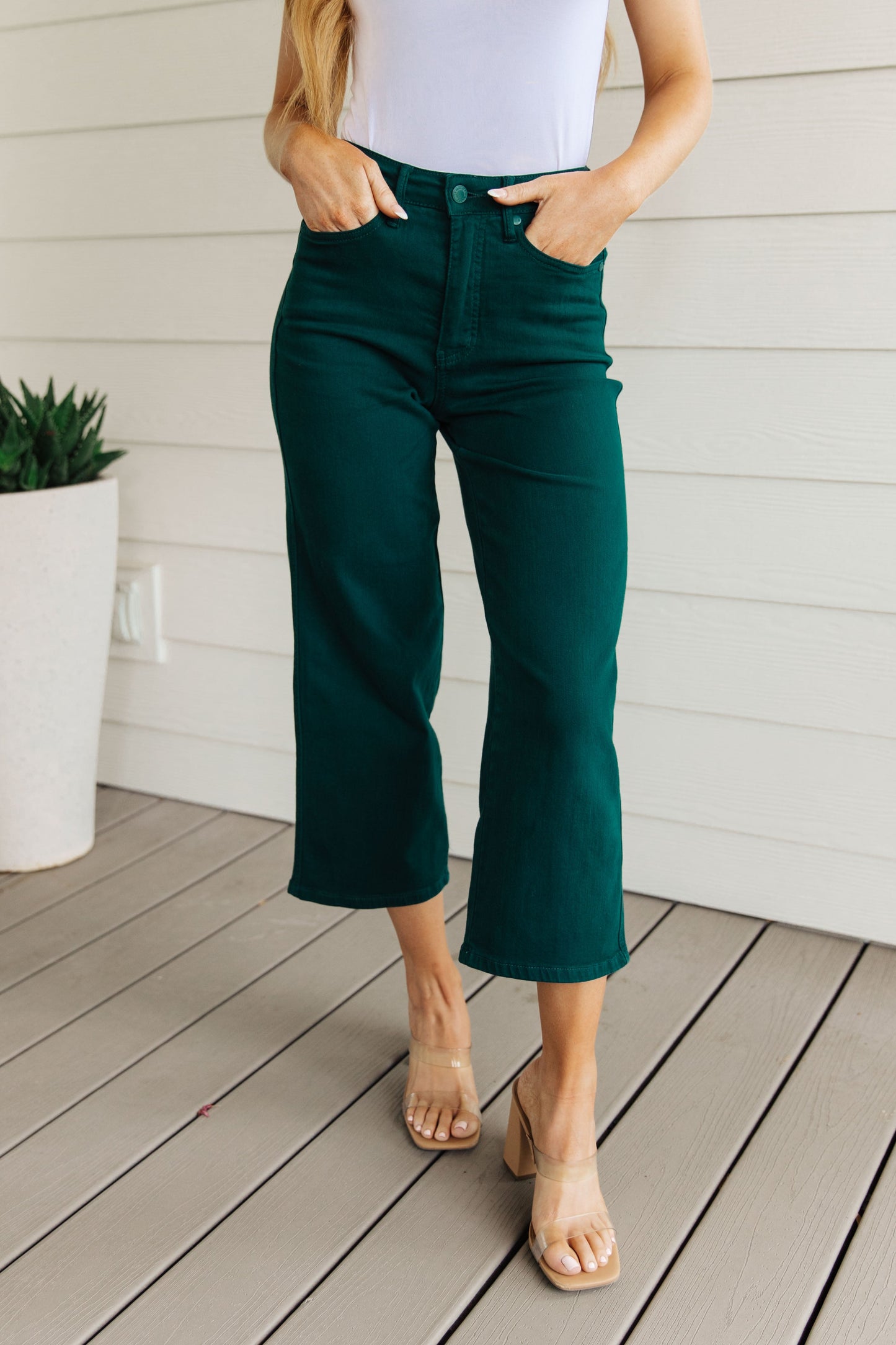 Hailey High Rise Control Top Wide Leg Crop Jeans in Teal