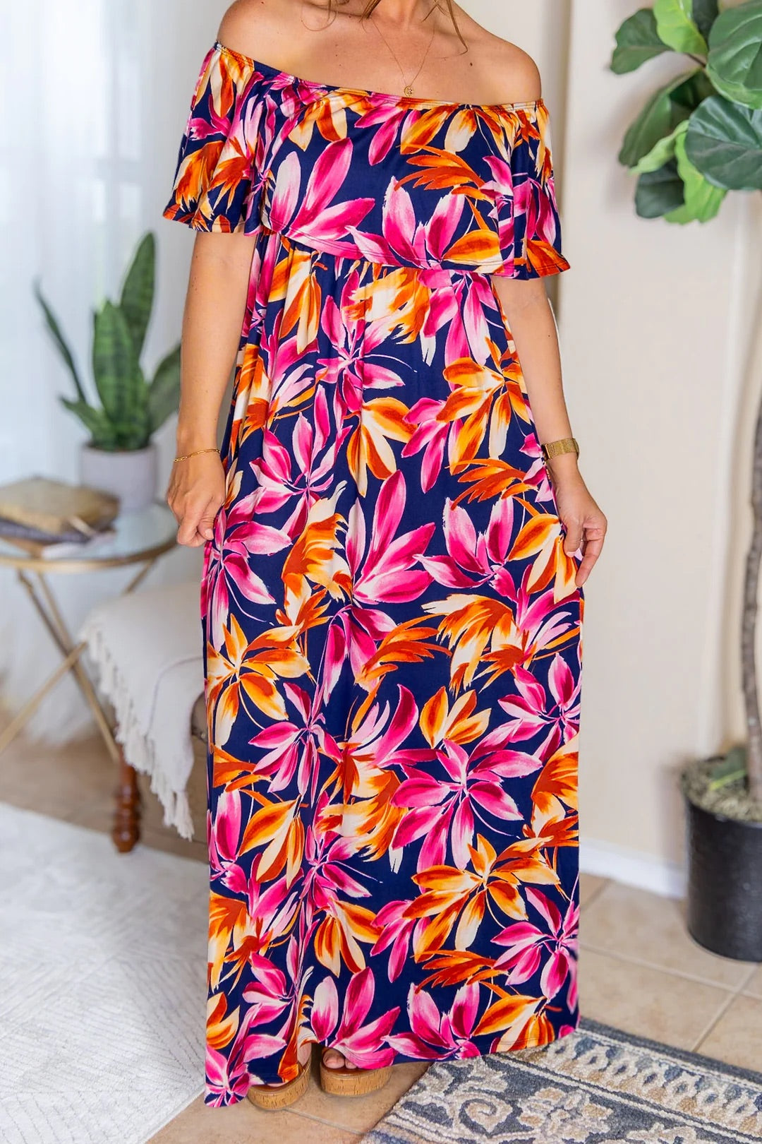 Oakley Off The Shoulder Maxi Dress - Navy Tropical