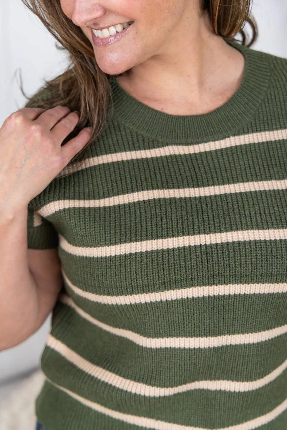 Michelle Mae Striped Sweater Top - Olive and Tan