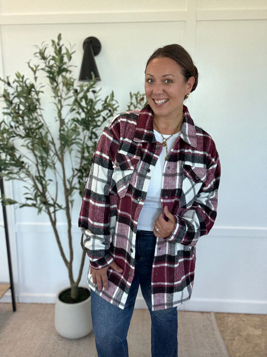 Michelle Mae Norah Plaid Shacket - Merlot Mix