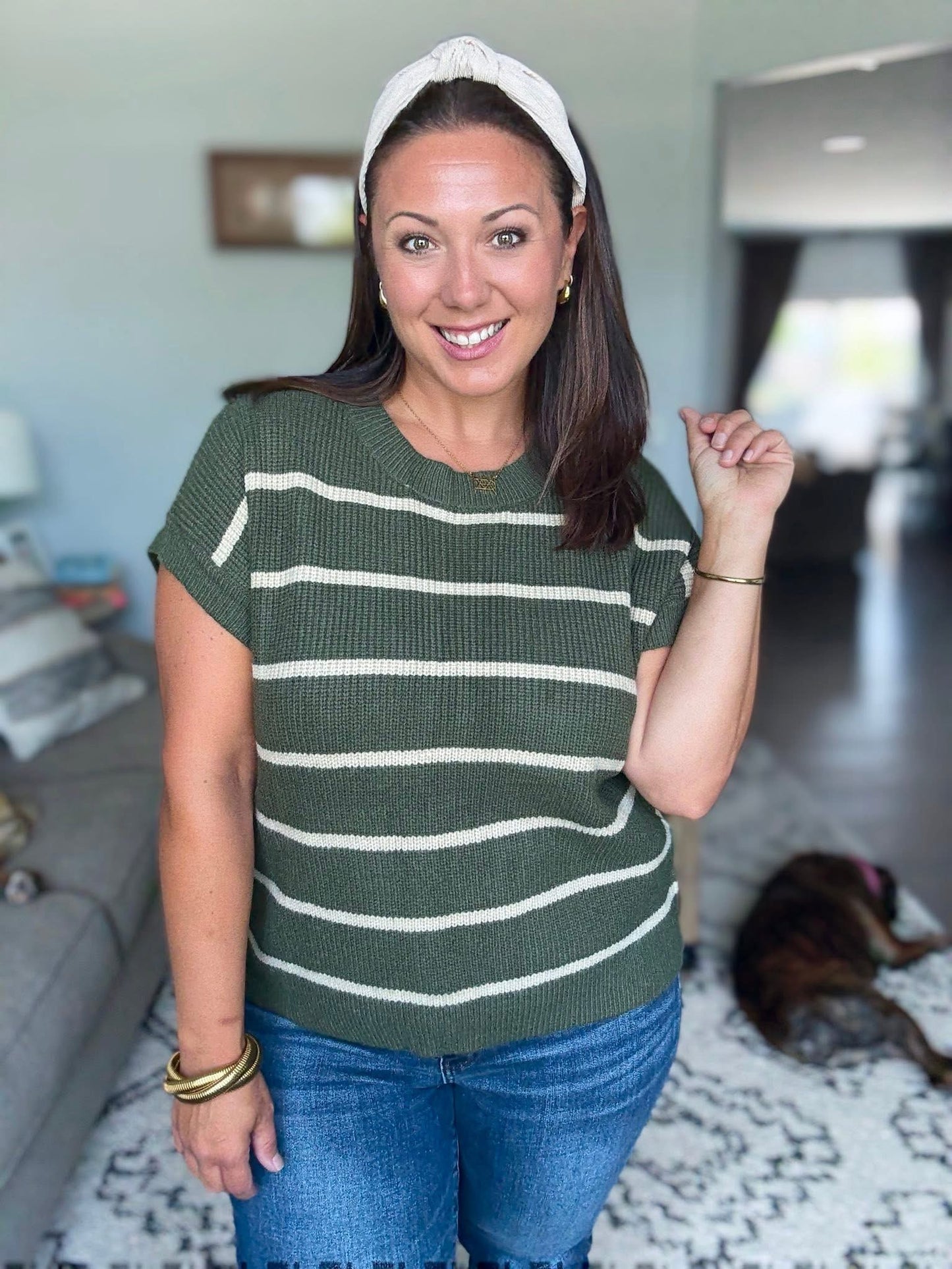 Michelle Mae Striped Sweater Top - Olive and Tan