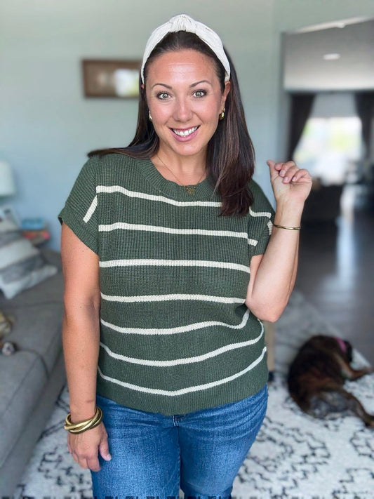 Michelle Mae Striped Sweater Top - Olive and Tan