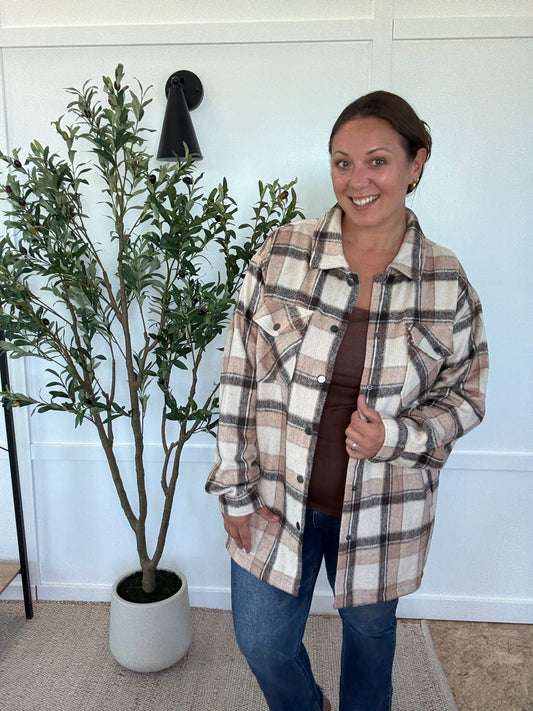 Michelle Mae Norah Plaid Shacket - Beige Mix Plaid