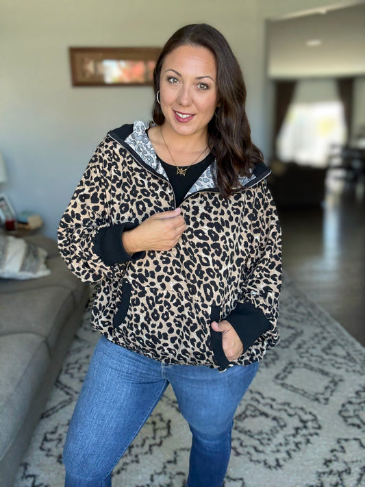 BiBi Leopard Print Textured Half Zip Up Hoodie